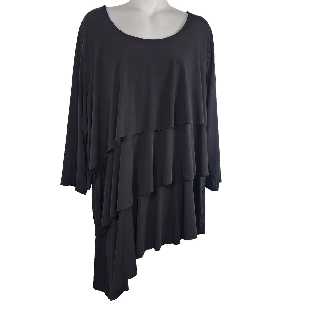 Susan Graver Womens Liquid Knit Tunic Top XL Tiered Asymmetrical Black Mature